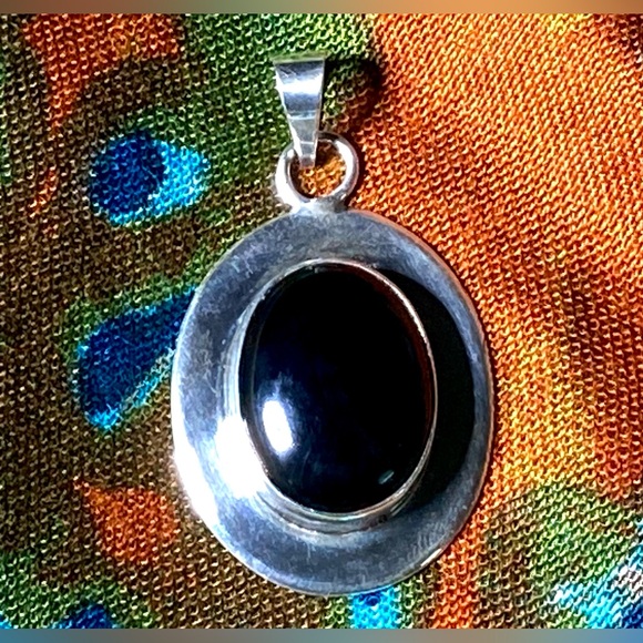 Large Onyx Pendant Stamped ATI MEXICO Vintage Mexican Silver | All Seeing Eye - Picture 14 of 16